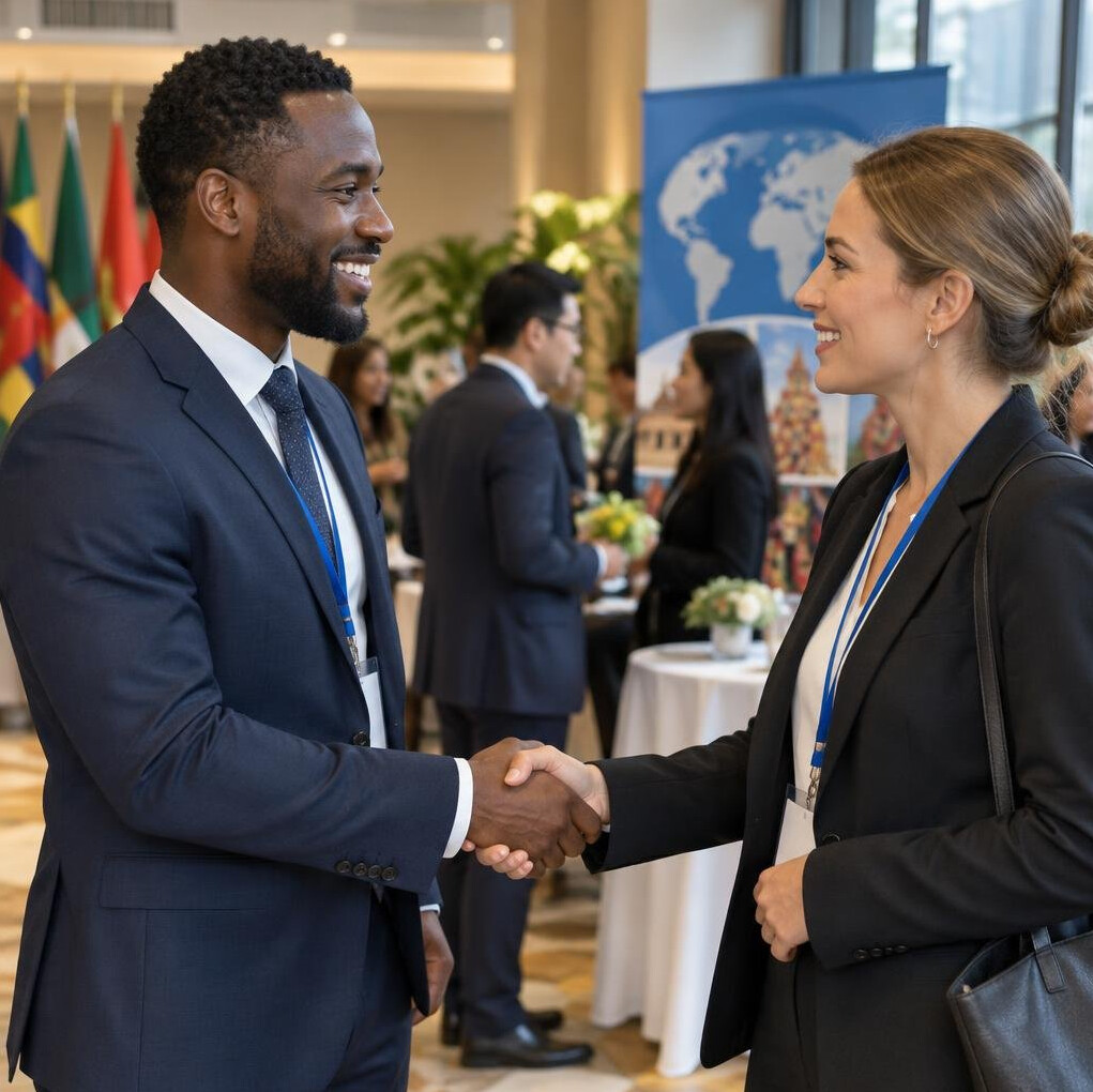 Diverse colleagues shaking hands during a cultural exchange event