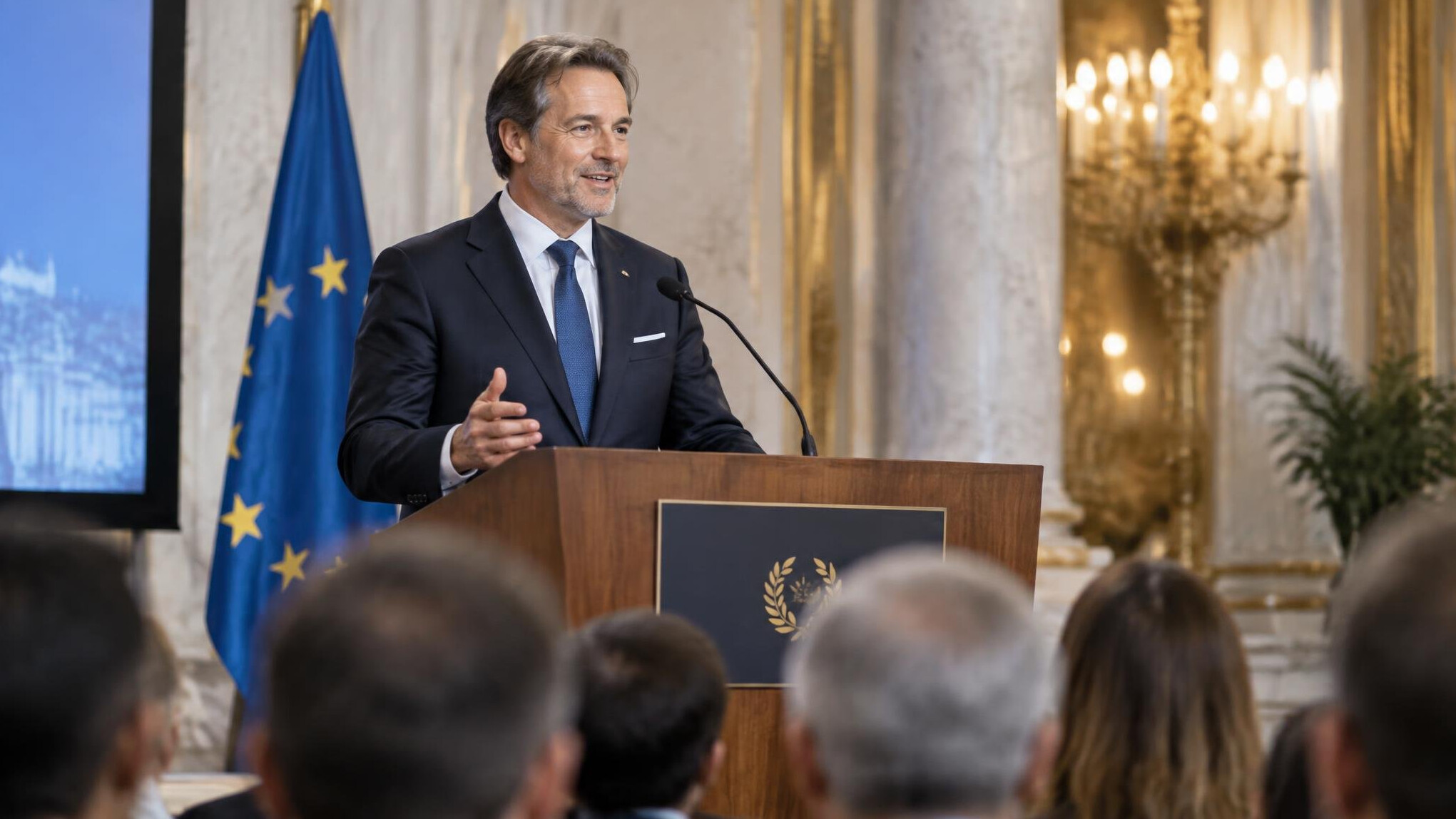 Speaker presenting confidently at a formal podium