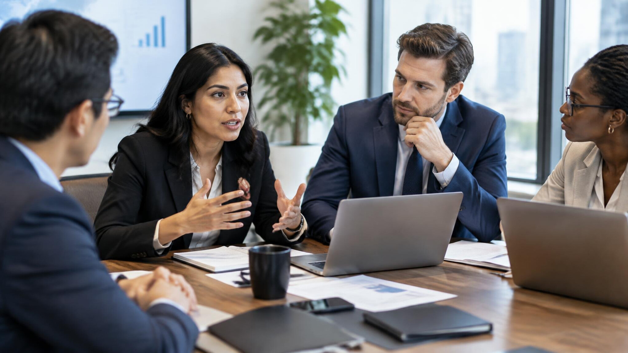 Business professionals discussing strategy at a negotiation table