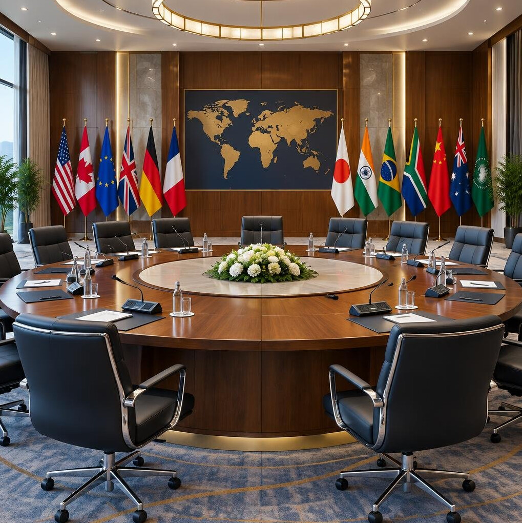 Empty international conference room with round table and flags