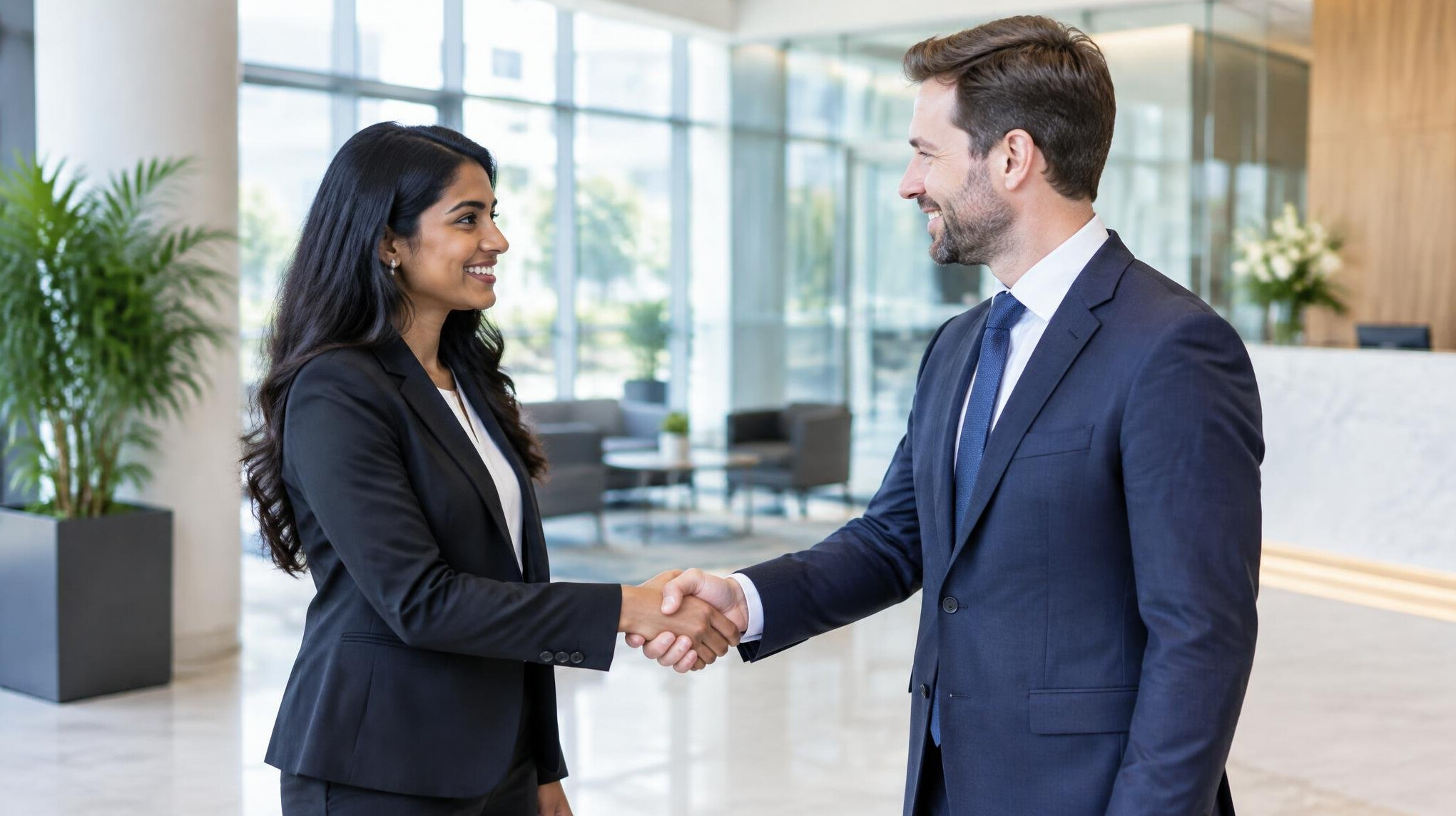 Two business professionals shaking hands in a modern office