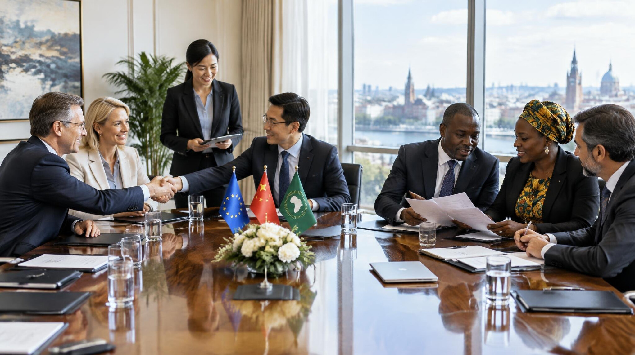 International business delegates shaking hands across a negotiation table