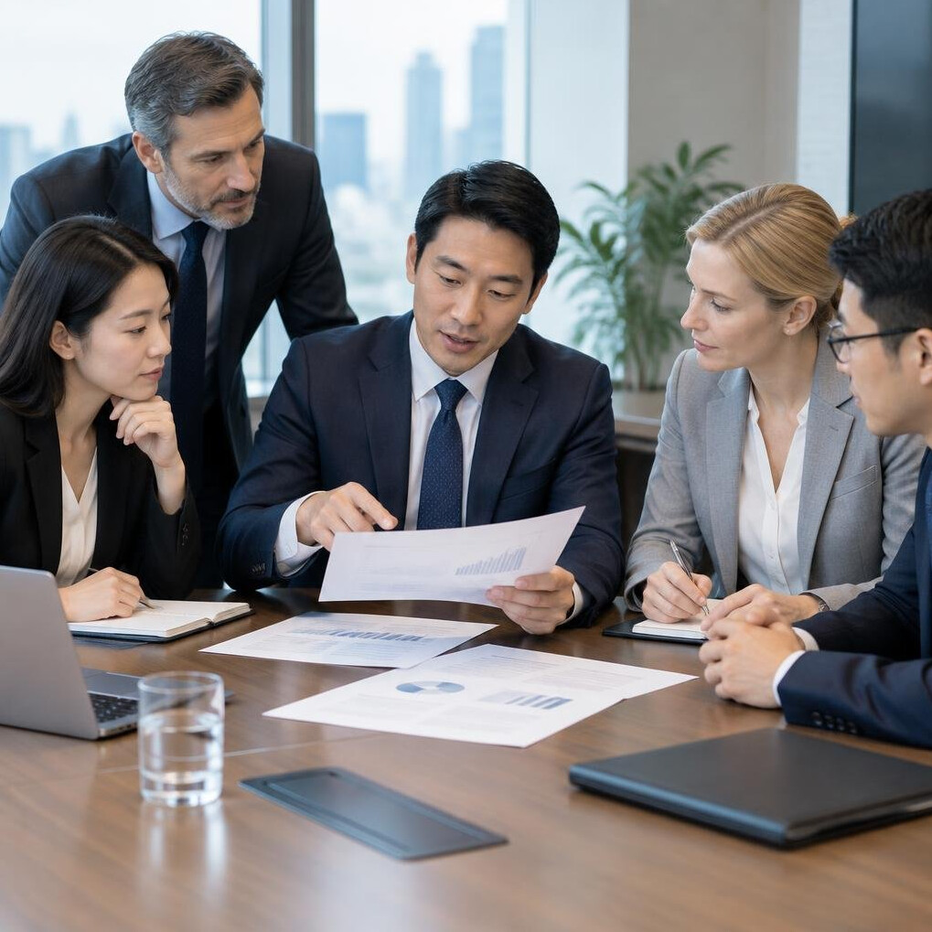 Business delegation discussing documents at a meeting table