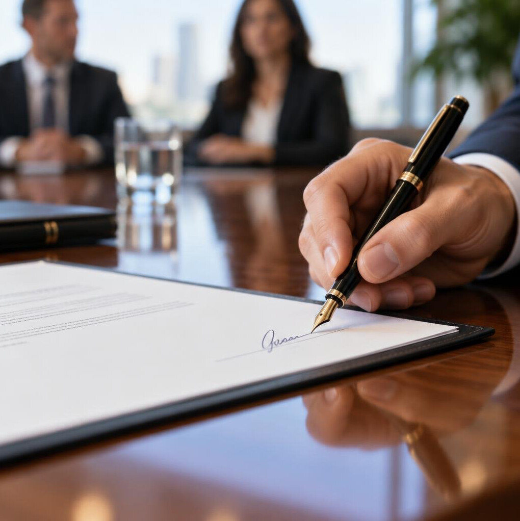 Close-up of a formal document being signed at a business meeting