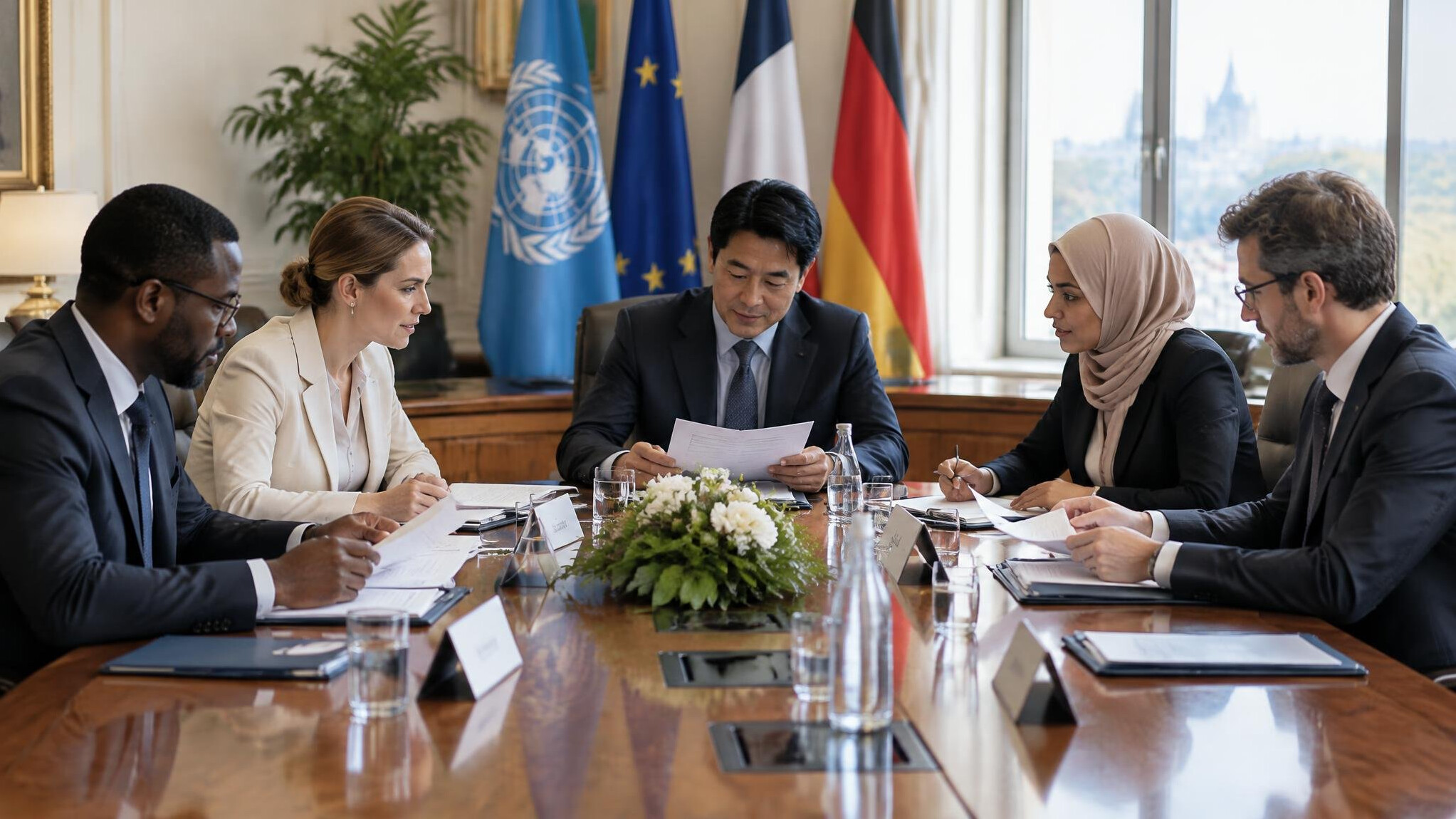 Diplomatic conference room with delegates reviewing documents
